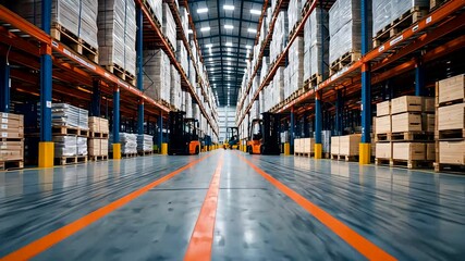 Large Industrial Warehouse Aisle with Pallet Racks and Bright Lighting - Powered by Adobe