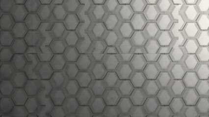 Hexagonal porcelain tile with modern hydraulic pattern, metallic geometric design, industrial chic texture, HD seamless neutral backdrop.