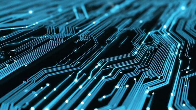 Abstract glowing blue circuit board lines on dark background, futuristic tech motion video for digital content, AI branding, software promos, or innovation projects
