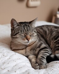 A relaxed gray tabby cat peacefully sleeping on a bed, showcasing its soft fur and serene expression.