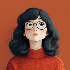 Fototapeta premium A stylish young woman with curly hair and glasses looks up thoughtfully against a vibrant orange background, exuding a sense of curiosity and creativity.