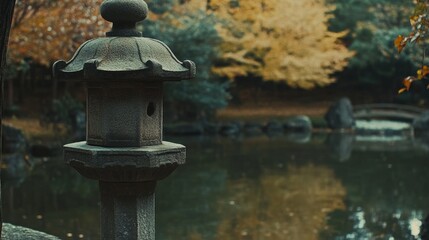 Naklejka premium The small island in a Japanese garden is often adorned with a stone lantern