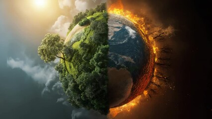 Dramatic split Earth with lush green forests and fiery destruction, environmental video concept for climate change awareness, global warming campaigns, nature documentaries and eco activism in vibrant