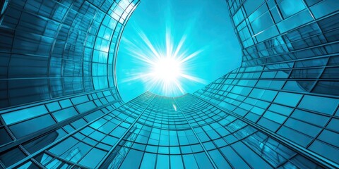 Low Angle Facade of Curving Blue Skyscraper Against Bright Sun and Sky in Perspective