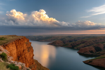 stunning reservoir edge in algeria at sunset showcasing dramatic contrasts of light and shadow