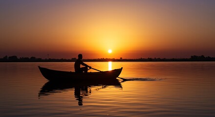 Obraz premium Boat on Water at Sunset