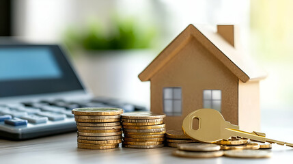 Wooden House Model with Stacked Coins and Key near Calculator