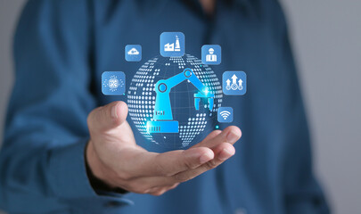 Smart Industry 4.0 concept. Factory automation, Autonomous industrial tech and Industrial revolutions steps. Person holding Smart Industry icons on virtual screen.