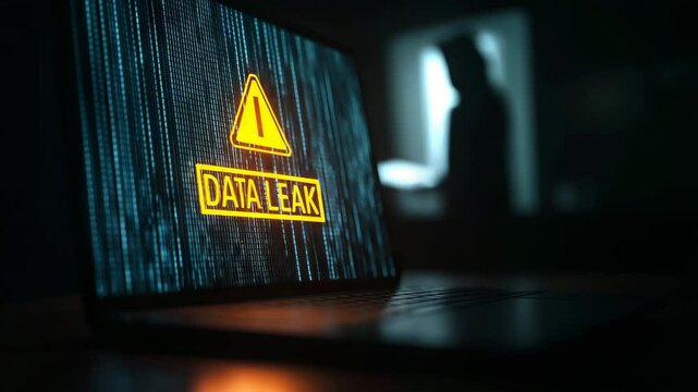 Warning sign &ldquo;Data Leak&rdquo; on screen in dark room with hacker silhouette in background for cybersecurity campaigns, tech blogs, data protection education, and hacker documentaries with neon accents