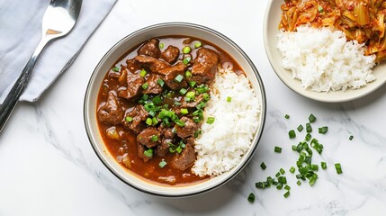 Korean spicy beef soup Yukgaejang rice and kimchi normal view of yukgaejang spicy beef soup served with rice and kimchi on the side