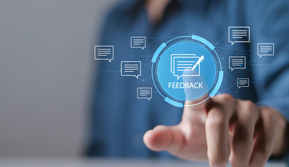 Review and rating feedback concept. Quality satisfaction service survey opinion online user testimonial. Person touching feedback icon on virtual screen.