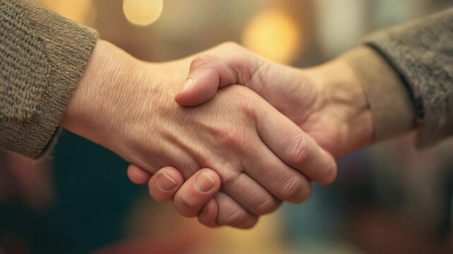 Close-up handshake between two elderly Caucasian individuals in warm indoor lighting for business ethics videos, elder care campaigns, community unity, and collaboration content with soft amber bokeh 