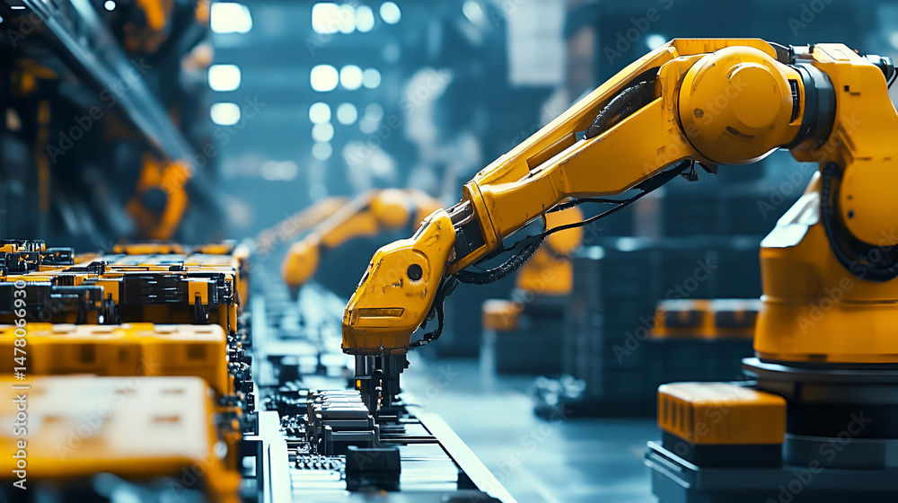 Poster yellow industrial robots on assembly line in modern factory