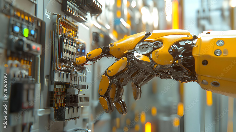 Aufkleber yellow robotic arm interacting with complex control panel