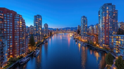 Naklejka premium Serene Evening View of Vancouver's Waterfront with City Lights and Mountains