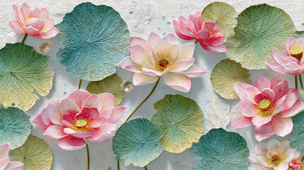 The overall theme is light-colored lace clouds, colorful lotus leaves and small duckweed