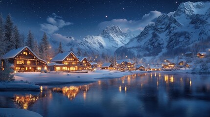 Fototapeta premium Winter village nestled beside a lake under a starry night sky.