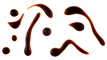 Samples of delicious balsamic vinegar isolated on a white background, top view. Soy sauce, teriyaki sauce, oyster sauce.