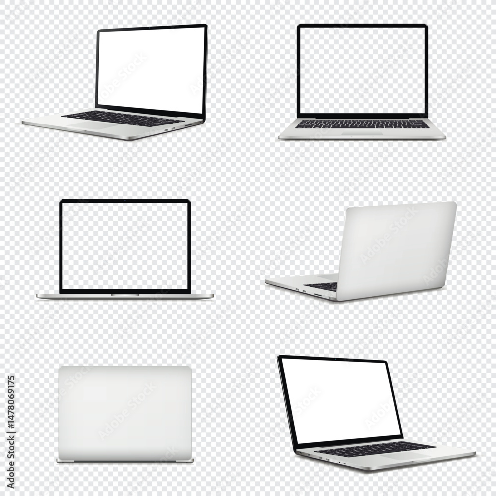 Wall mural mockup of laptop computer. front, back and side view with white and empty screen on transparent back