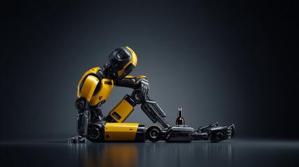 Fototapeta premium A contemplative robot in a dark setting, holding a bottle, showcasing advanced design.