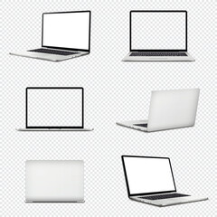 Mockup of laptop computer. Front, back and side view with white and empty screen on transparent background.
