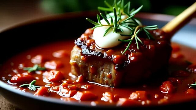 Seared filet mignon in tomato sauce topped with cream and herbs, plated in a fine dining setting with elegant light for dramatic visual appeal