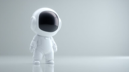 A cute astronaut figurine stands against a sleek, minimalistic background.
