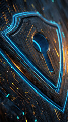 Dark metallic shield with keyhole, outlined in glowing blue lines, textured surface, symbolizes digital security, protection, privacy