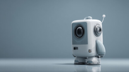 A cute robot design with a camera lens, showcasing advanced technology.