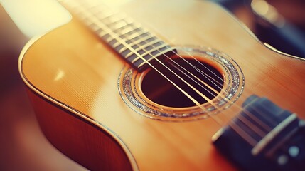 Fototapeta premium A light-wood acoustic guitar, isolated and shown close-up against a white backdrop. 
