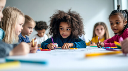 Children drawing together at table in classroom art activity