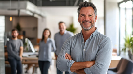 Fototapeta premium Confident businessman smiling in open office with team behind