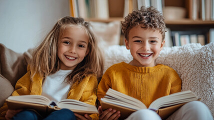 Obraz premium Smiling kids reading books together on a cozy couch