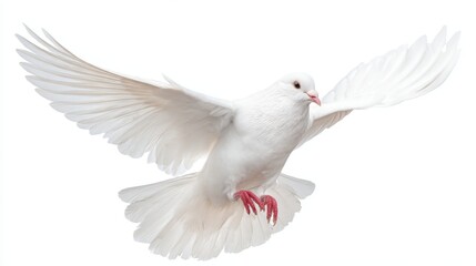 Obraz premium Majestic White Dove in Mid-Flight with Outstretched Wings Against a Clean White Background Conveying Freedom and Peaceful Spirit