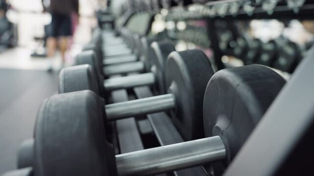 Dumbbells lined up on gym rack with blurred athletes in background, highlighting sleek weight design, textured handles, modern fitness environment, focus on equipment readiness for strength
