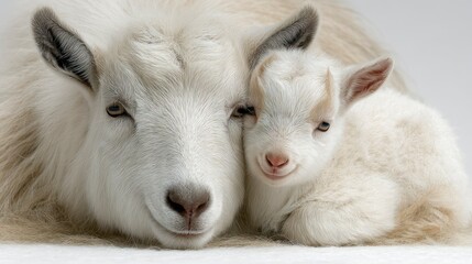 Obraz premium Adorable White Goat and Kid Cuddling Together Perfect for Animal Lovers Farm Life Photography