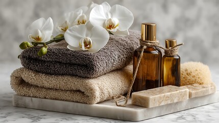 Still life of towels, orchids, bottles, soap and sponge on a marble tray in soft light