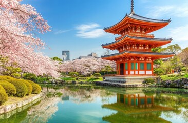 Fototapeta premium Cherry blossoms reflecting off a tranquil lake in a Japanese garden during spring