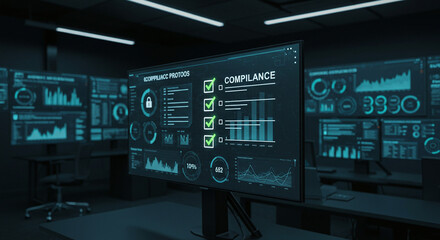 Compliance dashboard in a dark control room showing system performance and cybersecurity status, with charts, graphs, and a compliance checklist.
