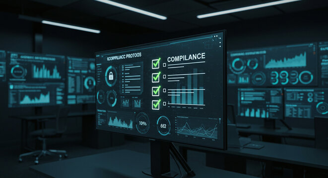 Compliance dashboard in a dark control room showing system performance and cybersecurity status, with charts, graphs, and a compliance checklist. - Powered by Adobe