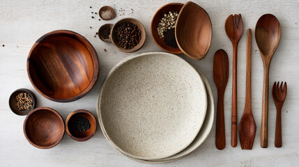 Flat lay showcasing wooden bowls, spoons, and spices on a white surface, creating a rustic kitchen scene ideal for food blogs or culinary websites