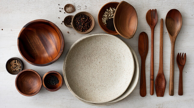 Flat lay showcasing wooden bowls, spoons, and spices on a white surface, creating a rustic kitchen scene ideal for food blogs or culinary websites
