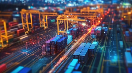 High-angle view of a futuristic container port.