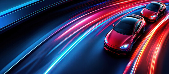 Two red sports cars leaving light trails at night