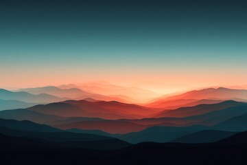 Aesthetic layered mountain range landscape with warm gradient sunset glow
