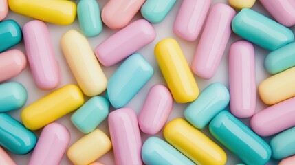 Colorful pastel candies spread across a surface