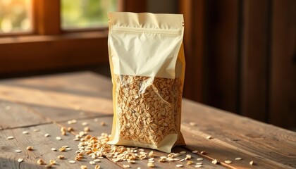 A package of rolled oats stands on a wooden table near a window in natural light, perfect for a healthy breakfast, advertising or nutrition related content