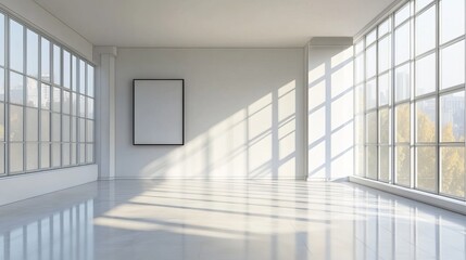 Fototapeta premium A spacious, modern room filled with natural light from a large window. 