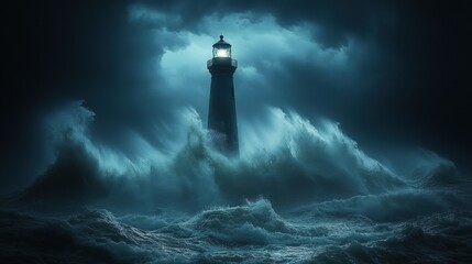 Powerful lighthouse standing tall amidst stormy ocean waves.