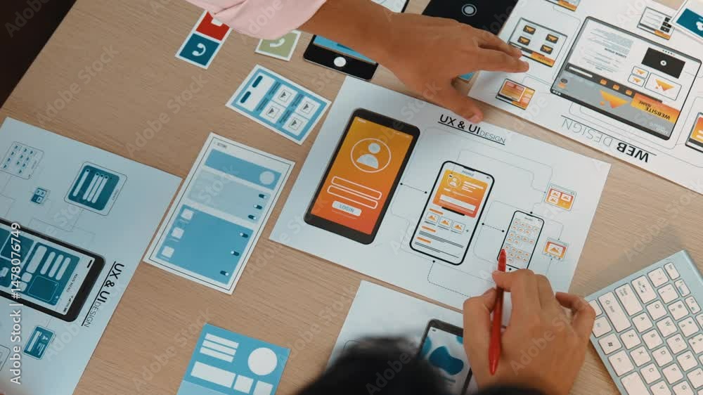 Poster top view panorama video of startup company employee planning on user interface prototype for mobile 